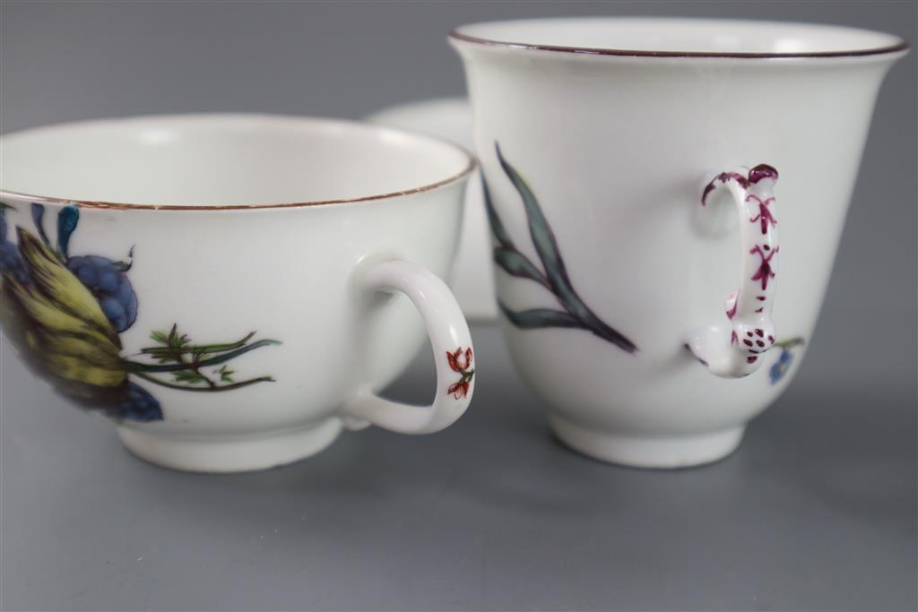 A Meissen botanical chocolate cup and a similar coffee cup and saucer, c.1740-50